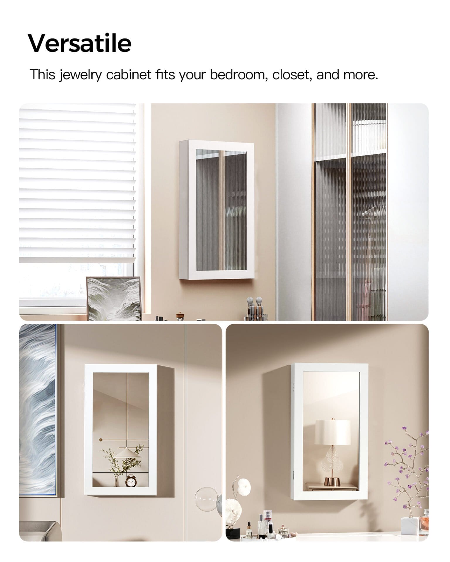 SONGMICS Lockable Jewelry Cabinet Armoire with Mirror, Wall-Mounted Space Saving Jewelry Storage Organizer, White JJC51WT 2 SONGMICS Lockable Jewelry Cabinet Armoire with Mirror, Wall-Mounted Space Saving Jewelry Storage Organizer, White JJC51WT - Billede 2