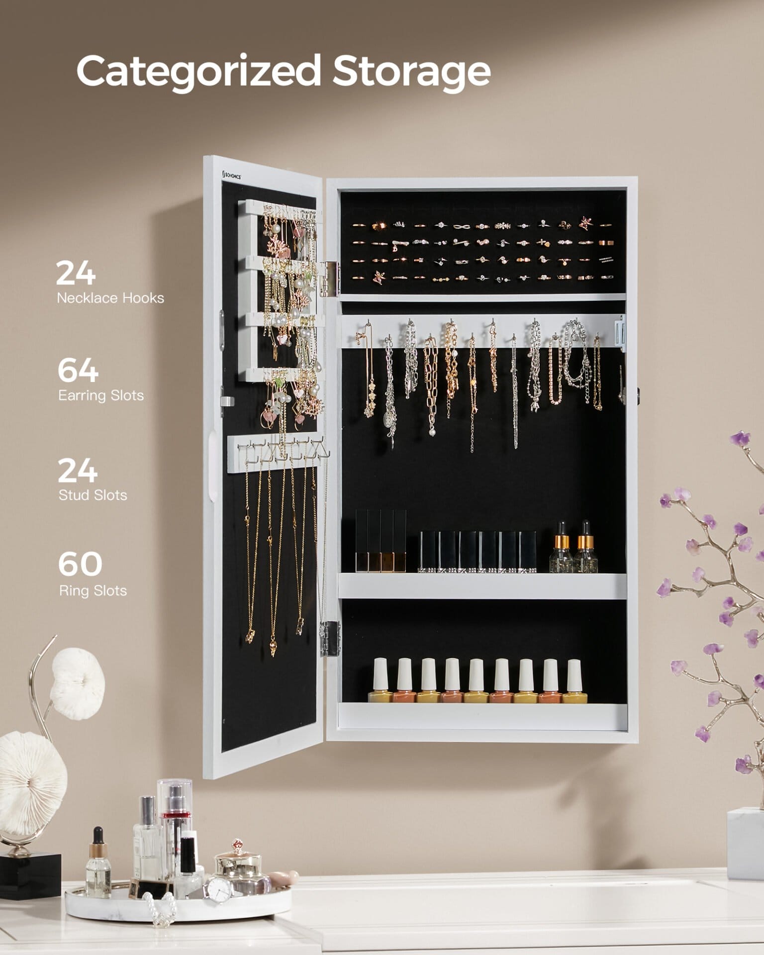 SONGMICS Lockable Jewelry Cabinet Armoire with Mirror, Wall-Mounted Space Saving Jewelry Storage Organizer, White JJC51WT 3 SONGMICS Lockable Jewelry Cabinet Armoire with Mirror, Wall-Mounted Space Saving Jewelry Storage Organizer, White JJC51WT - Billede 3
