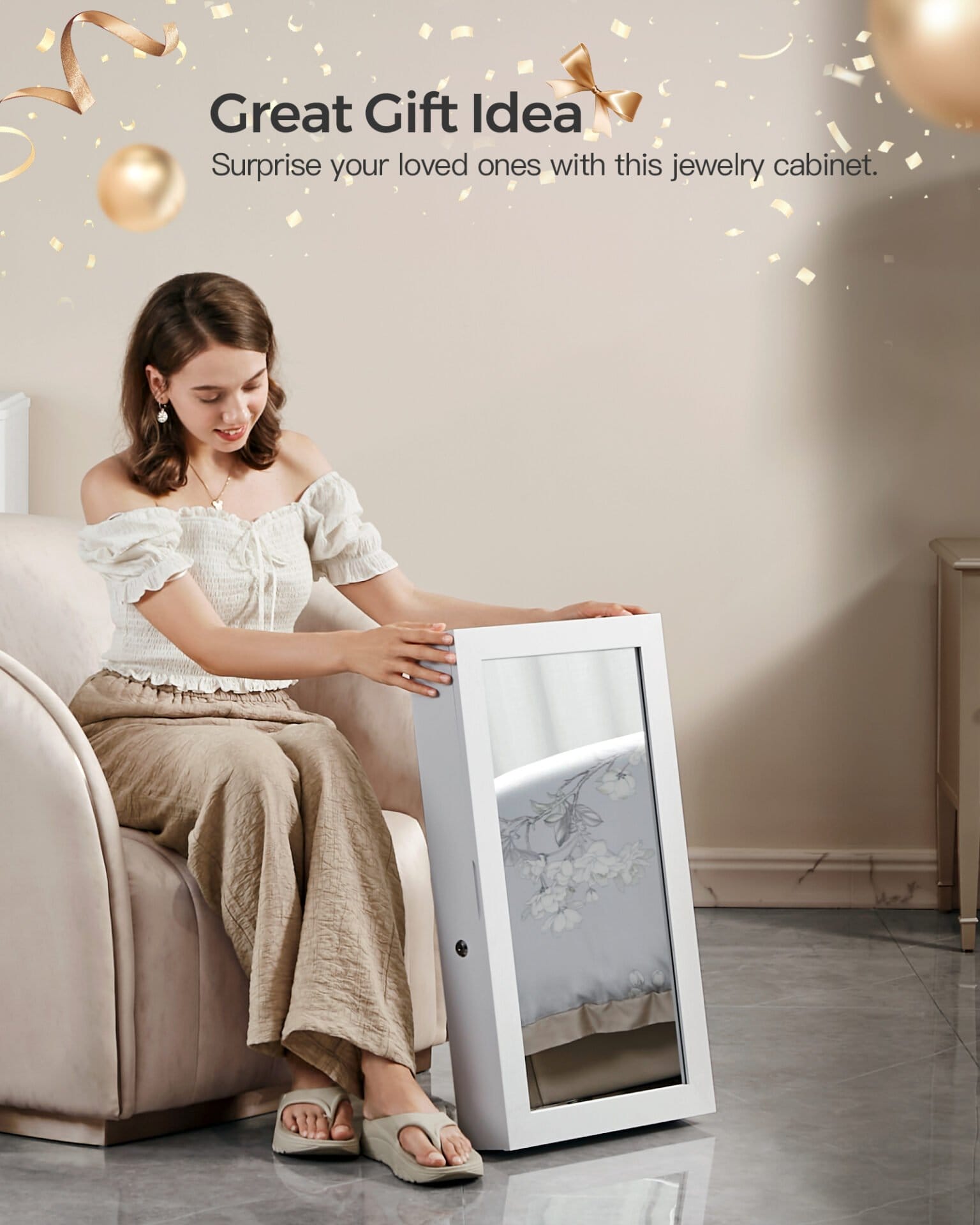 SONGMICS Lockable Jewelry Cabinet Armoire with Mirror, Wall-Mounted Space Saving Jewelry Storage Organizer, White JJC51WT 5 SONGMICS Lockable Jewelry Cabinet Armoire with Mirror, Wall-Mounted Space Saving Jewelry Storage Organizer, White JJC51WT - Billede 5