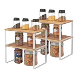 SONGMICS Kitchen Cupboard Organisers, Set of 4 Counter Storage Shelves, Stackable, Expandable Spice Racks, Metal and Bamboo, White and Natural KCS010N01