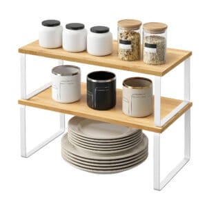SONGMICS Spice Rack, Set of 2 Cupboard Shelf Organisers, Expandable Kitchen Shelf Organiser, Stackable Spice Holder, Metal and Engineered Wood, Cloud White and Natural Beige KCS200W01