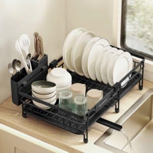 SONGMICS Dish Drainer Rack, Large Extendable Draining Board Rack for Small Spaces, 360° Rotating Extendable Spout, Kitchen Sink Drainer, Steel, 46.5 x 29.6 x 14 cm, Ink Black KCS556BH01