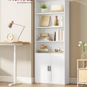 VASAGLE Bookcase, 6-Tier Tall Bookshelf, Book Shelf with Doors, Shelving Unit, 24 x 60 x 175 cm, for Living Room, Home Office, Dinning Room, Cloud White LBC402W01