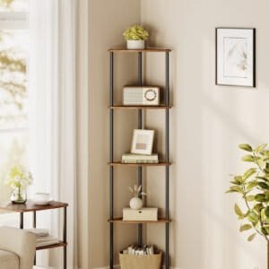 SONGMICS HOME Superfast Toolless Assembly, 5-Tier Corner Shelf, Corner Shelving Unit, Corner Storage Stand, 38.3 x 27 x 139 cm, Living Room, Bedroom, Kitchen, Rustic Brown LBC610K01