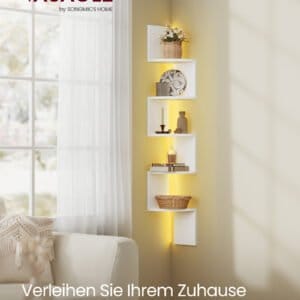 VASAGLE Wall Mounted Corner Shelf with RGB LED Lights, 5-Tier Floating Corner Bookshelf, Plant Shelf, for Bedroom, Living Room, Bathroom, Office, Button and Remote Control, Matte White LBC630W01