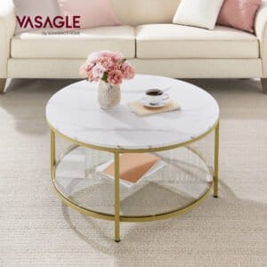 VASAGLE Coffee Table, Living Room Table, Sofa Cocktail Table Faux Marble Round, Tempered Glass Storage Shelf, Easy to Assemble, Modern Style, for Living Room, Marble White and Metallic Gold LCT071W59