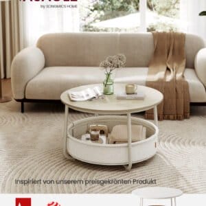 VASAGLE LCT244K01 Round Coffee Table with Storage Space Side Table Living Room Table with Fabric Basket Modern Metal Frame Natural Beige/Cream White