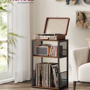 VASAGLE Record Player Stand, 3-Tier Side Table, Vinyl Record Storage up to 100 Albums, End Table for Living Room, Bedroom, Rustic Brown LET275K01