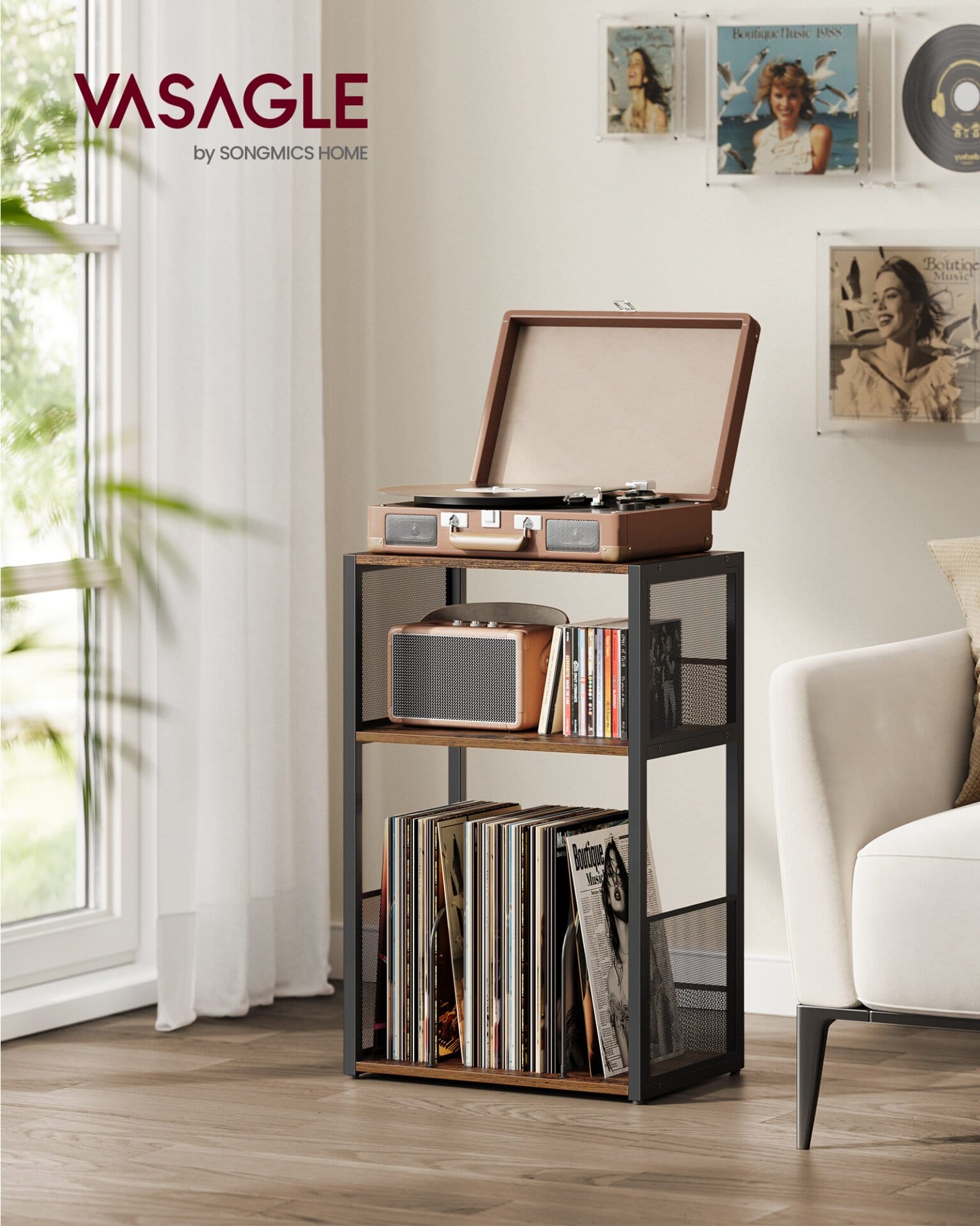 VASAGLE Record Player Stand, 3-Tier Side Table, Vinyl Record Storage up to 100 Albums, End Table for Living Room, Bedroom, Rustic Brown LET275K01 1 VASAGLE Record Player Stand, 3-Tier Side Table, Vinyl Record Storage up to 100 Albums, End Table for Living Room, Bedroom, Rustic Brown LET275K01