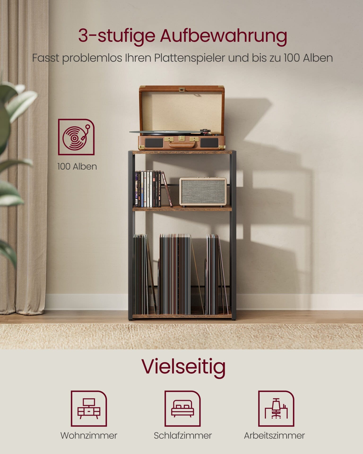 VASAGLE Record Player Stand, 3-Tier Side Table, Vinyl Record Storage up to 100 Albums, End Table for Living Room, Bedroom, Rustic Brown LET275K01 2 VASAGLE Record Player Stand, 3-Tier Side Table, Vinyl Record Storage up to 100 Albums, End Table for Living Room, Bedroom, Rustic Brown LET275K01 - Billede 2