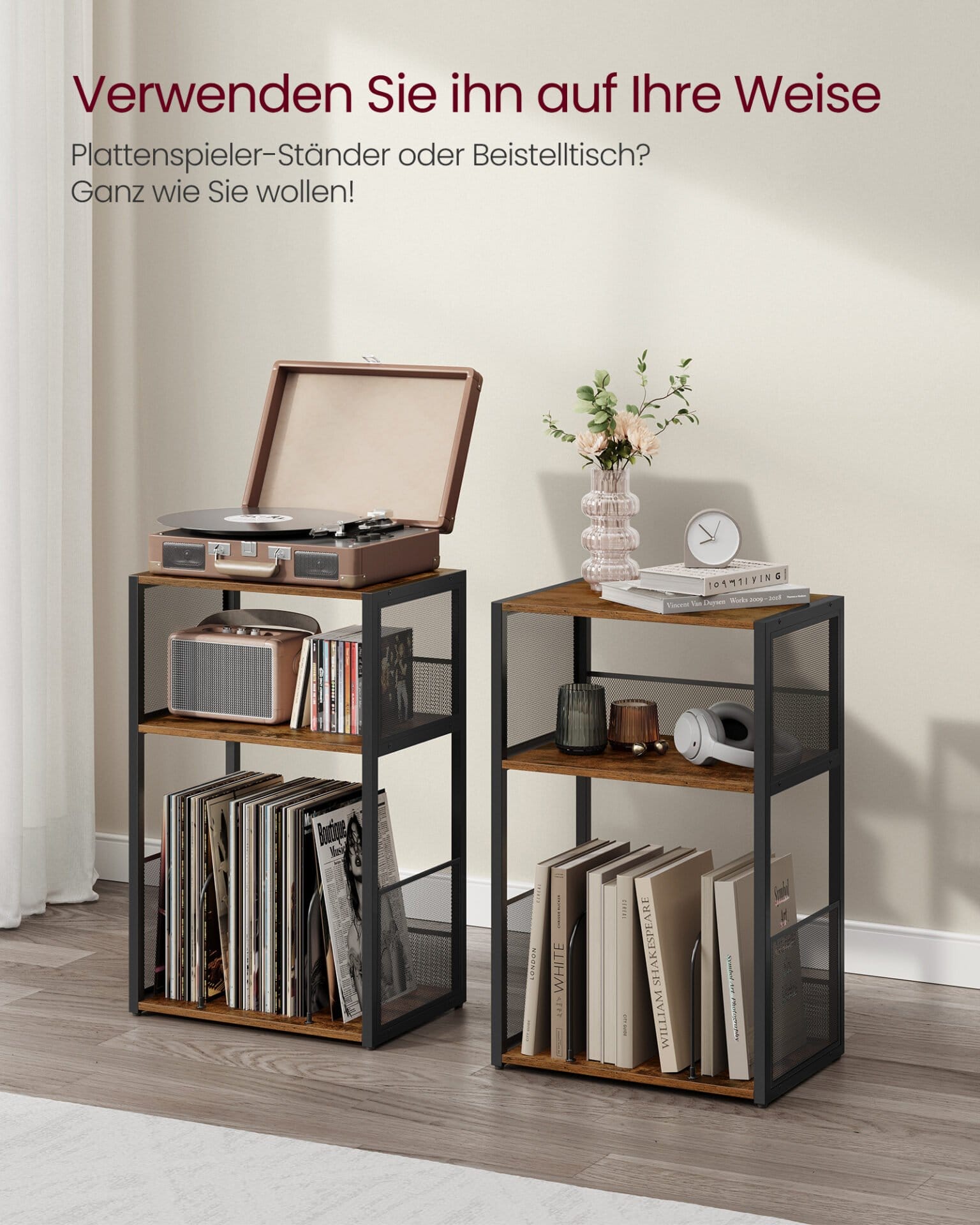 VASAGLE Record Player Stand, 3-Tier Side Table, Vinyl Record Storage up to 100 Albums, End Table for Living Room, Bedroom, Rustic Brown LET275K01 5 VASAGLE Record Player Stand, 3-Tier Side Table, Vinyl Record Storage up to 100 Albums, End Table for Living Room, Bedroom, Rustic Brown LET275K01 - Billede 5