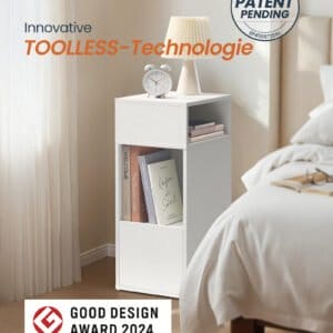 SONGMICS HOME Slim Bedside Table, Superfast Toolless Assembly, Narrow Storage Side Table with 2 Open Compartments & 1 Drawer, Small Bed Side Cabinet for Bedroom, 30 x 25 x 59.4 cm, White LET911WE01