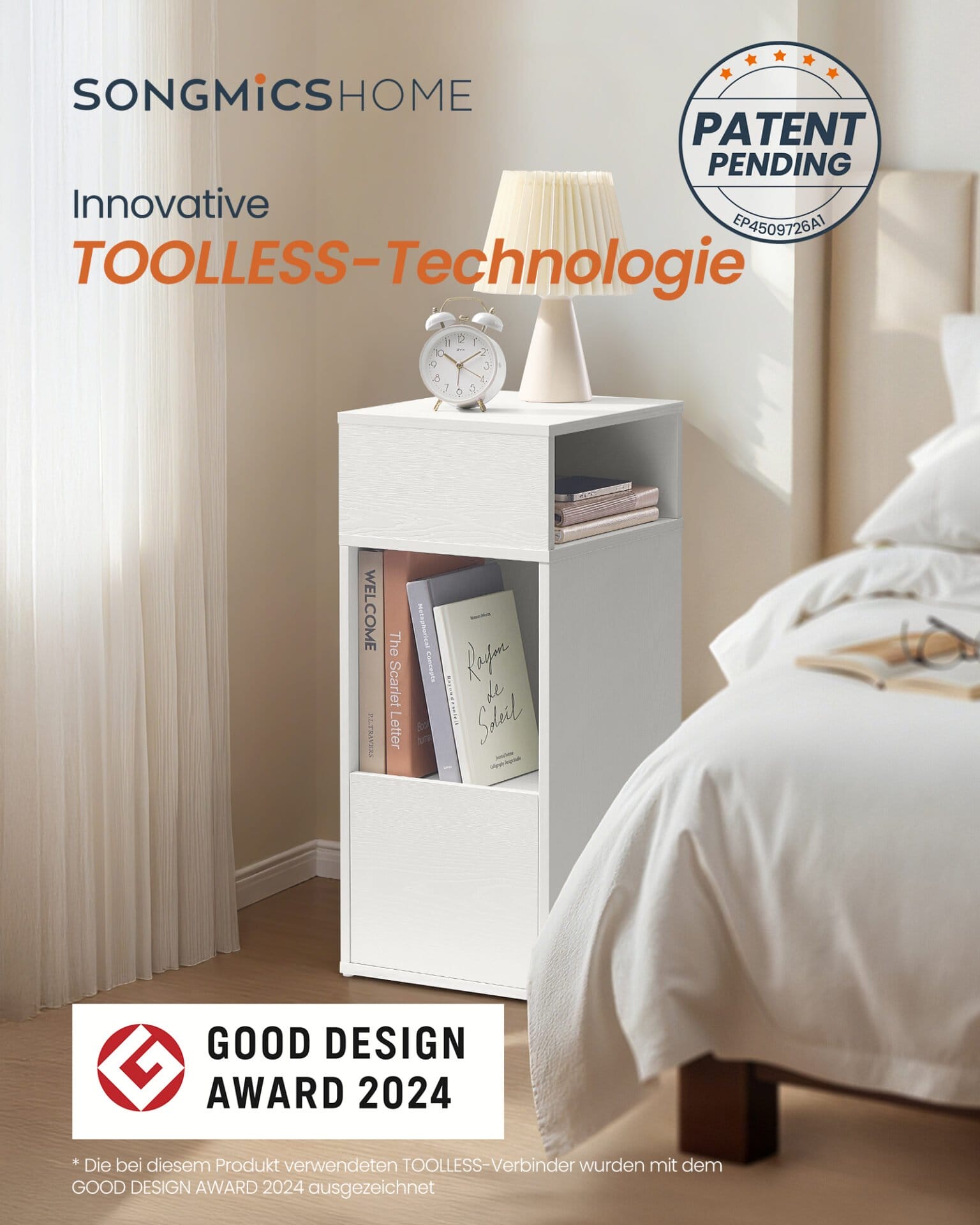SONGMICS HOME Slim Bedside Table, Superfast Toolless Assembly, Narrow Storage Side Table with 2 Open Compartments & 1 Drawer, Small Bed Side Cabinet for Bedroom, 30 x 25 x 59.4 cm, White LET911WE01 1 SONGMICS HOME Slim Bedside Table, Superfast Toolless Assembly, Narrow Storage Side Table with 2 Open Compartments & 1 Drawer, Small Bed Side Cabinet for Bedroom, 30 x 25 x 59.4 cm, White LET911WE01