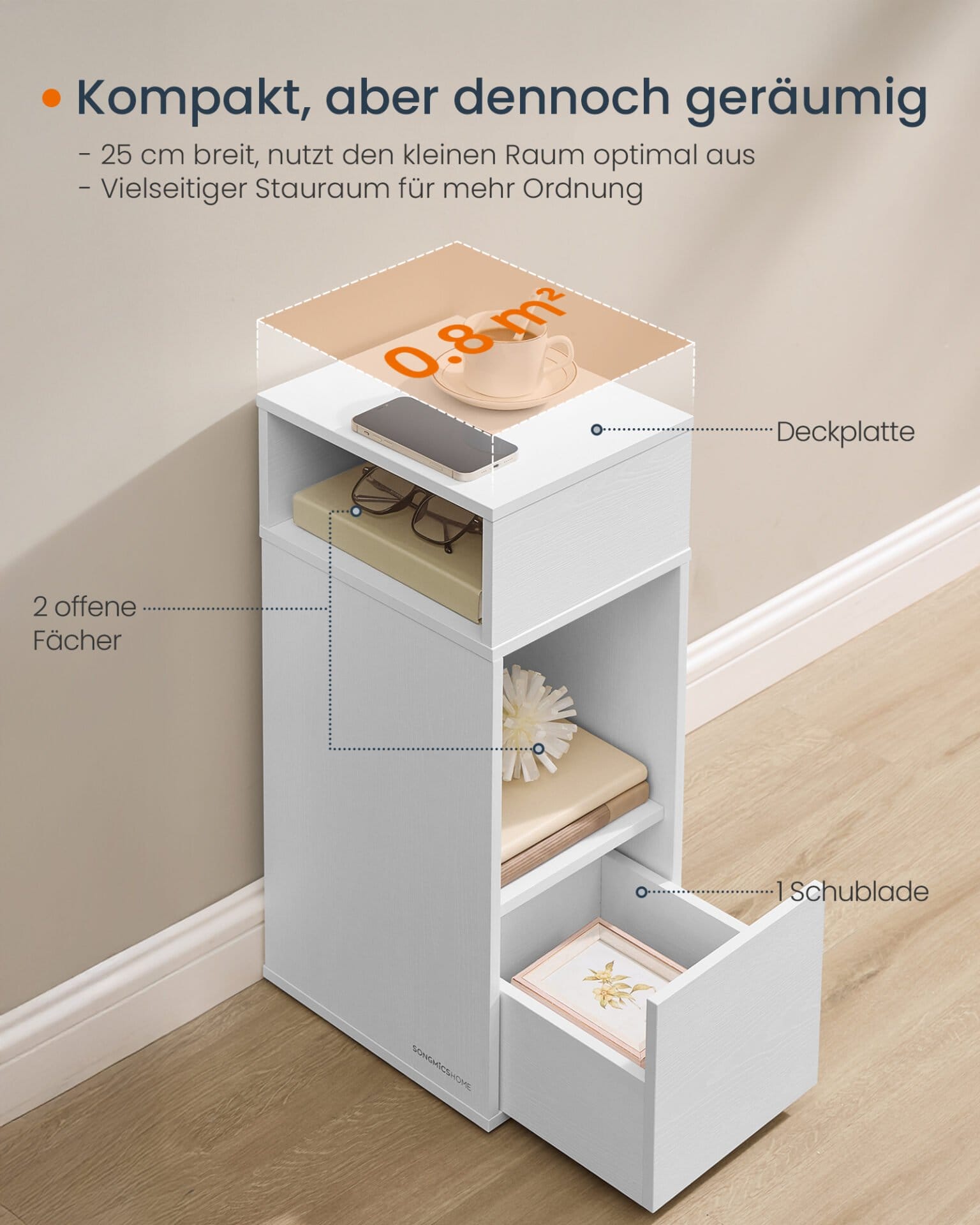 SONGMICS HOME Slim Bedside Table, Superfast Toolless Assembly, Narrow Storage Side Table with 2 Open Compartments & 1 Drawer, Small Bed Side Cabinet for Bedroom, 30 x 25 x 59.4 cm, White LET911WE01 3 SONGMICS HOME Slim Bedside Table, Superfast Toolless Assembly, Narrow Storage Side Table with 2 Open Compartments & 1 Drawer, Small Bed Side Cabinet for Bedroom, 30 x 25 x 59.4 cm, White LET911WE01 - Billede 3
