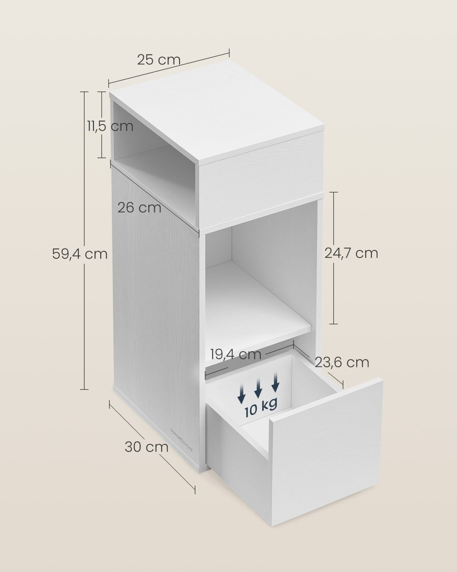 SONGMICS HOME Slim Bedside Table, Superfast Toolless Assembly, Narrow Storage Side Table with 2 Open Compartments & 1 Drawer, Small Bed Side Cabinet for Bedroom, 30 x 25 x 59.4 cm, White LET911WE01 5 SONGMICS HOME Slim Bedside Table, Superfast Toolless Assembly, Narrow Storage Side Table with 2 Open Compartments & 1 Drawer, Small Bed Side Cabinet for Bedroom, 30 x 25 x 59.4 cm, White LET911WE01 - Billede 5