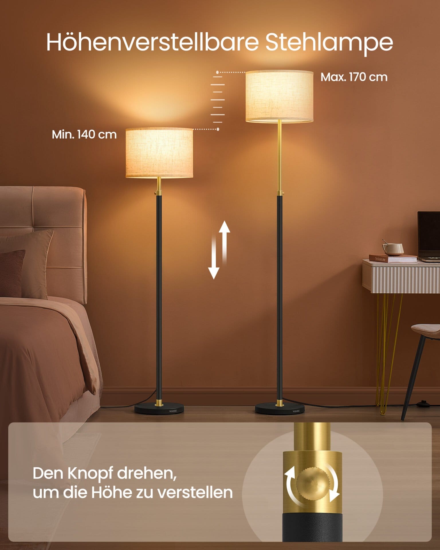 Gulvlampe, justerbar højde fra 140 til 170 cm, moderne stil, guld og sort 2 Gulvlampe, justerbar højde fra 140 til 170 cm, moderne stil, guld og sort - Billede 2