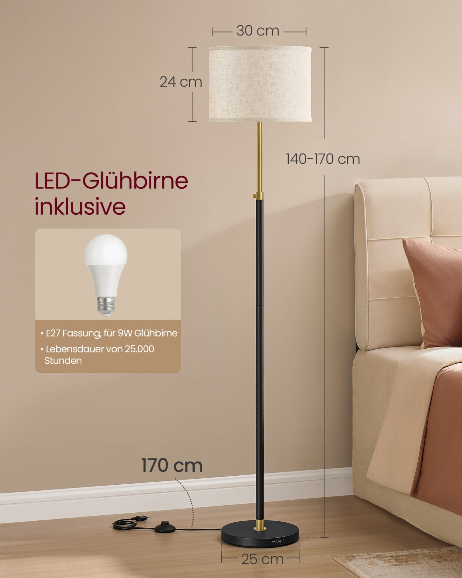 Gulvlampe, justerbar højde fra 140 til 170 cm, moderne stil, guld og sort 4 Gulvlampe, justerbar højde fra 140 til 170 cm, moderne stil, guld og sort - Billede 4