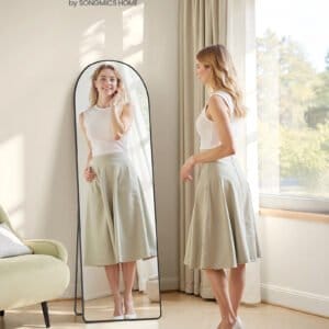 SONGMICS Full Length Mirror, Arched Full Body Floor Mirror with Stand, Aluminium Alloy Frame, Tempered Glass, for Bedroom, Living Room, Cloakroom, Rounded Corner, 160 x 50 cm, Matte Black LFM051BD01