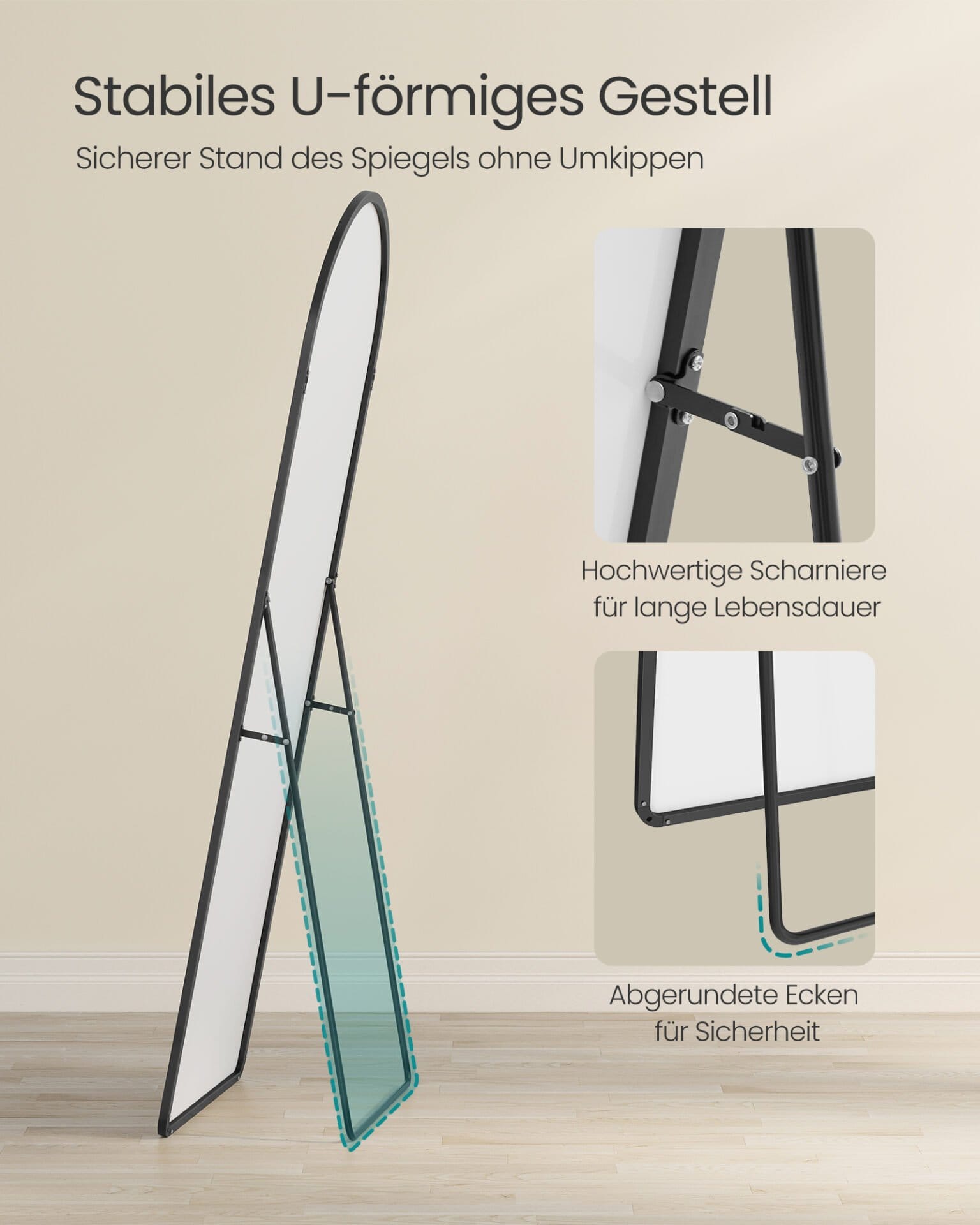 SONGMICS Full Length Mirror, Arched Full Body Floor Mirror with Stand, Aluminium Alloy Frame, Tempered Glass, for Bedroom, Living Room, Cloakroom, Rounded Corner, 160 x 50 cm, Matte Black LFM051BD01 3 SONGMICS Full Length Mirror, Arched Full Body Floor Mirror with Stand, Aluminium Alloy Frame, Tempered Glass, for Bedroom, Living Room, Cloakroom, Rounded Corner, 160 x 50 cm, Matte Black LFM051BD01 - Billede 3