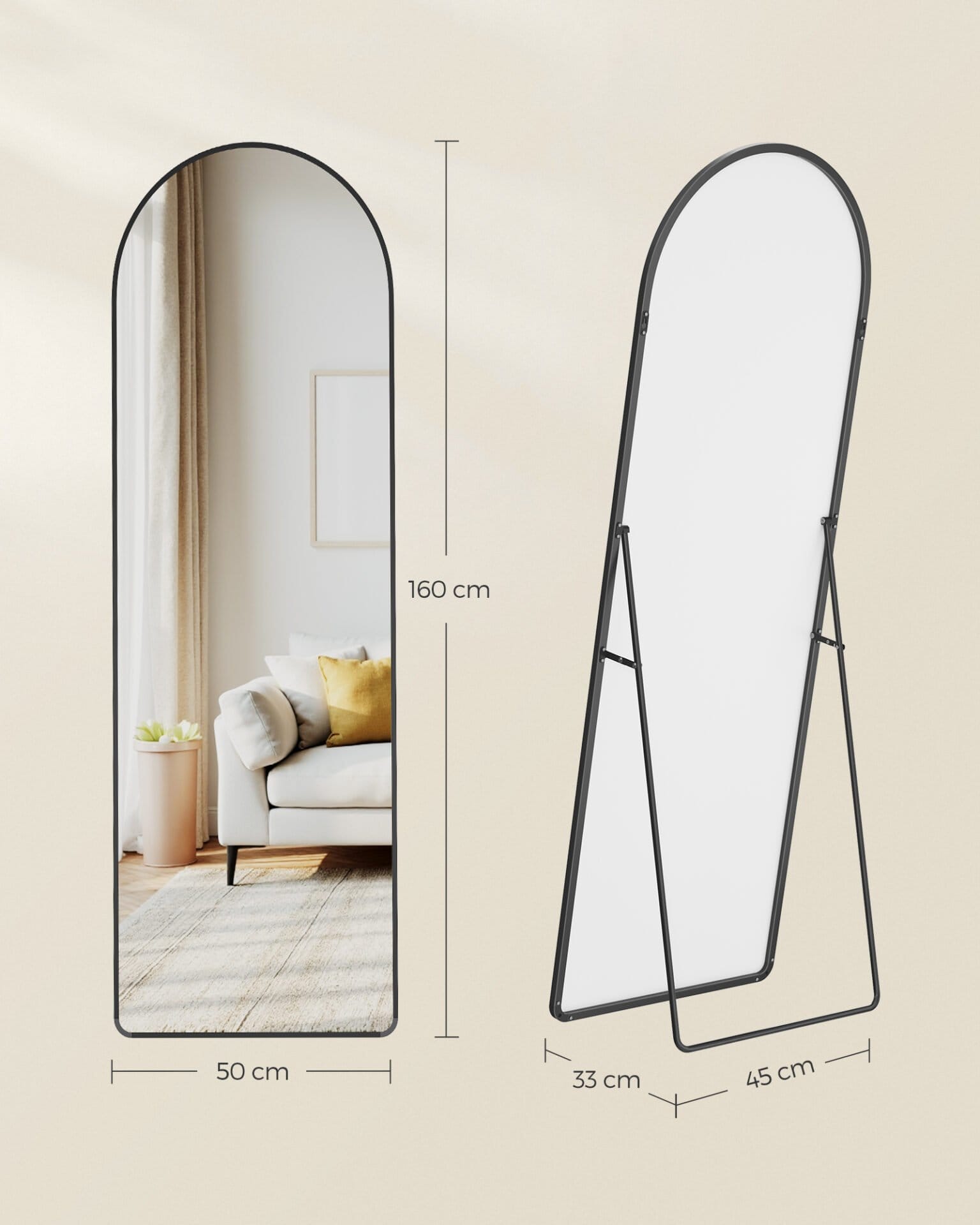 SONGMICS Full Length Mirror, Arched Full Body Floor Mirror with Stand, Aluminium Alloy Frame, Tempered Glass, for Bedroom, Living Room, Cloakroom, Rounded Corner, 160 x 50 cm, Matte Black LFM051BD01 4 SONGMICS Full Length Mirror, Arched Full Body Floor Mirror with Stand, Aluminium Alloy Frame, Tempered Glass, for Bedroom, Living Room, Cloakroom, Rounded Corner, 160 x 50 cm, Matte Black LFM051BD01 - Billede 4