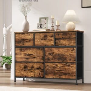SONGMICS Chest of Drawers, 7 Storage Drawers Bedroom, Storage Unit, Steel, MDF, Non-Woven Fabric, for Bedroom, Closet, Hallway, Living Room, Rustic Brown and Ink Black LGS323BH04