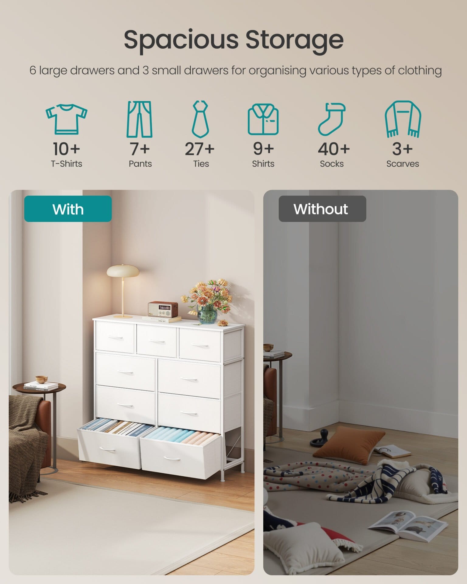 SONGMICS BELLAH Collection - Chest of Drawers, Storage Unit, Steel, for Bedroom, Closet, Hallway, Living Room, 9 Drawers, Modern, Cloud White and Snow White LGS324WH01 3 SONGMICS BELLAH Collection - Chest of Drawers, Storage Unit, Steel, for Bedroom, Closet, Hallway, Living Room, 9 Drawers, Modern, Cloud White and Snow White LGS324WH01 - Billede 3