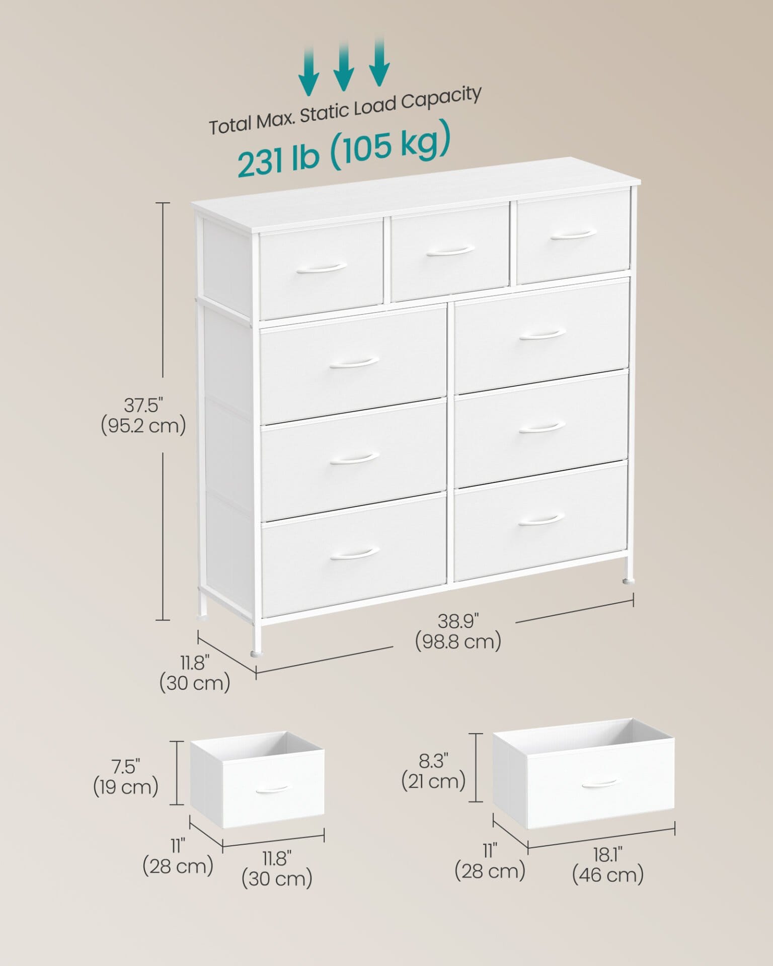 SONGMICS BELLAH Collection - Chest of Drawers, Storage Unit, Steel, for Bedroom, Closet, Hallway, Living Room, 9 Drawers, Modern, Cloud White and Snow White LGS324WH01 5 SONGMICS BELLAH Collection - Chest of Drawers, Storage Unit, Steel, for Bedroom, Closet, Hallway, Living Room, 9 Drawers, Modern, Cloud White and Snow White LGS324WH01 - Billede 5