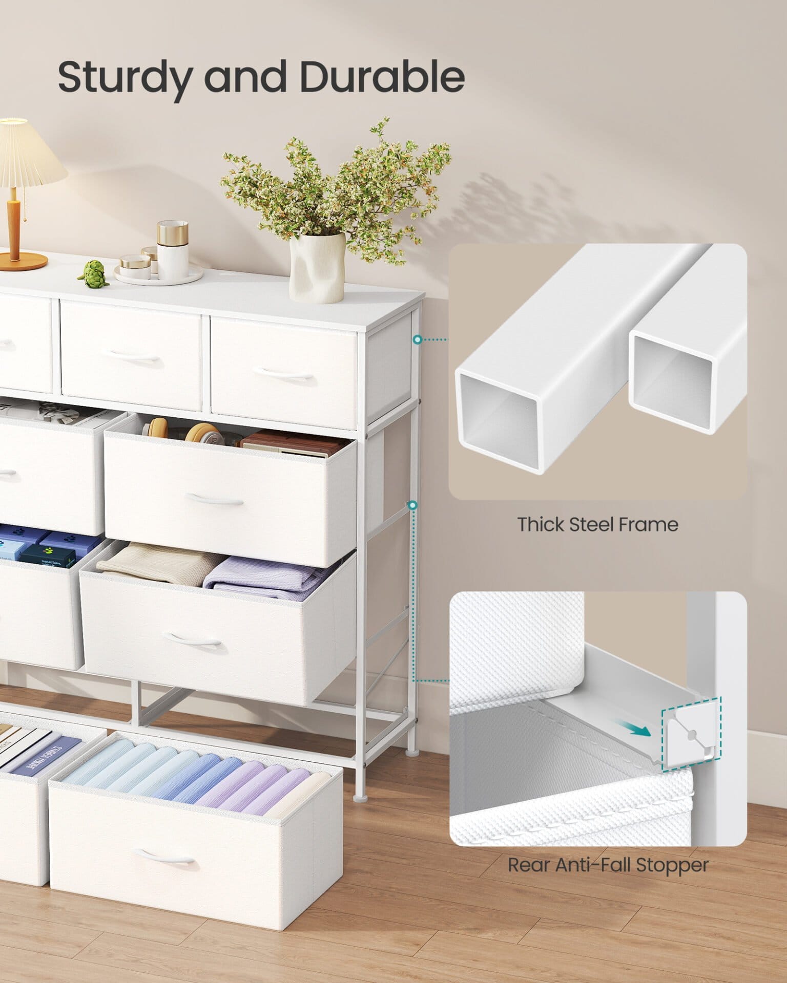 SONGMICS BELLAH Collection - Chest of Drawers, Storage Unit, Steel, for Bedroom, Closet, Hallway, Living Room, 9 Drawers, Modern, Cloud White and Snow White LGS324WH01 6 SONGMICS BELLAH Collection - Chest of Drawers, Storage Unit, Steel, for Bedroom, Closet, Hallway, Living Room, 9 Drawers, Modern, Cloud White and Snow White LGS324WH01 - Billede 6