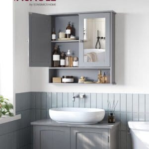 VASAGLE Bathroom Cabinet with Mirror, Wall Cabinet with 2 Mirrored Doors and Open Compartment, Adjustable Shelf, Wall-Mounted, 13 x 56.5 x 58.5 cm, Dove Grey LHC002G02