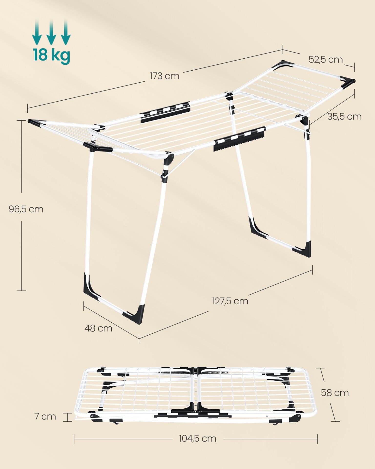 Tørrestativ, 56,5 x 173 x 96,5 cm, Pladsbesparende, Håndklæder, Lagner, Hvid 5 Tørrestativ, 56,5 x 173 x 96,5 cm, Pladsbesparende, Håndklæder, Lagner, Hvid - Billede 5