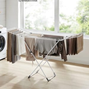 SONGMICS Clothes Drying Rack, Metal Laundry Drying Rack, Foldable, Space-Saving, Free-Standing Airer, with 2 Gullwings, Indoor Outdoor Use, Bed Linen Clothing, White ULLR540W01