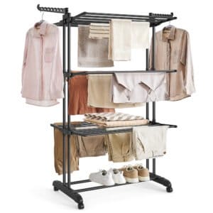 SONGMICS Clothes Drying Rack Stand 4-Tier, Foldable Laundry Drying Rack 68.1-Inch Tall, Stainless Steel, Rolling Clothes Horses Dryer Rack, Easy to Assemble, Indoor Outdoor Use, Ink Black ULLR701B01