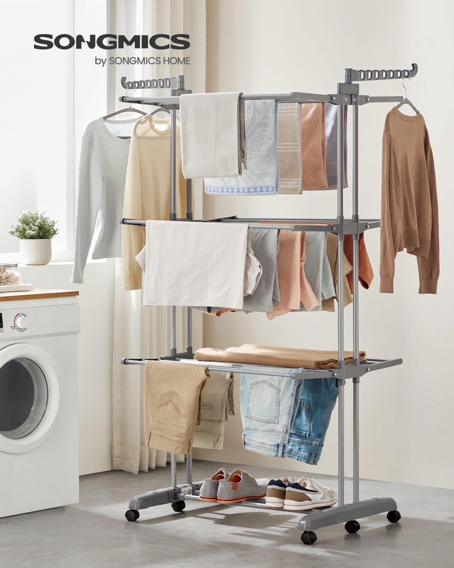 Stor tørrestativ, foldbart tørrestativ til tøj, 4-lags, 63,5 x 125,5 x 173 cm, duegrå 2 Stor tørrestativ, foldbart tørrestativ til tøj, 4-lags, 63,5 x 125,5 x 173 cm, duegrå - Billede 2