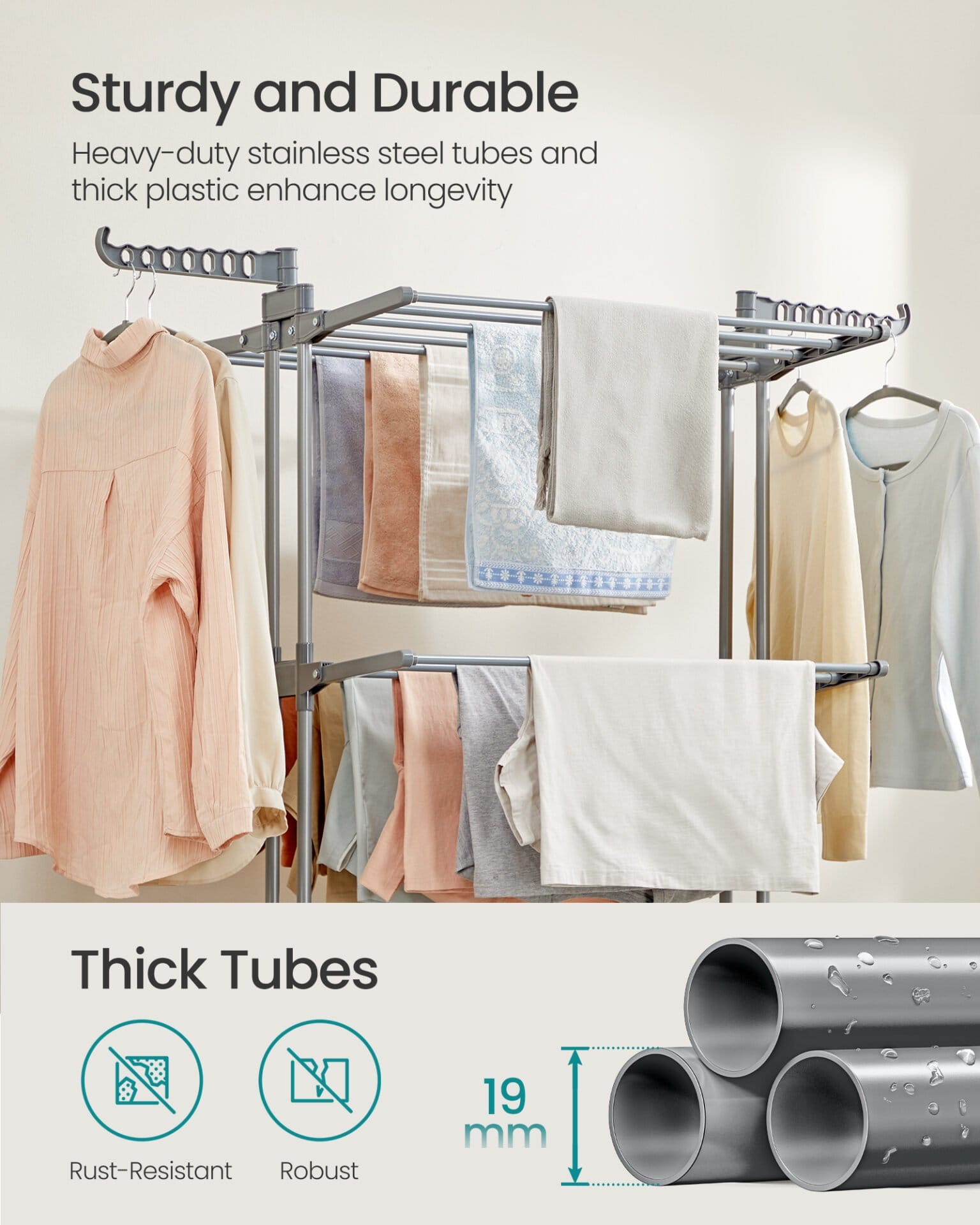 Stor tørrestativ, foldbart tørrestativ til tøj, 4-lags, 63,5 x 125,5 x 173 cm, duegrå 4 Stor tørrestativ, foldbart tørrestativ til tøj, 4-lags, 63,5 x 125,5 x 173 cm, duegrå - Billede 4