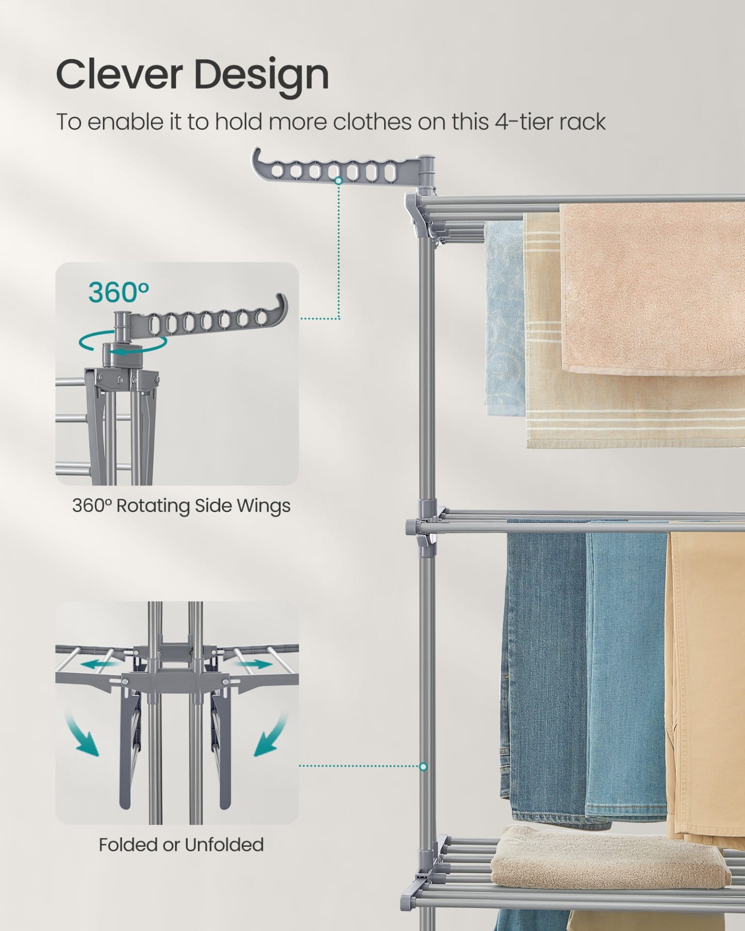 Stor tørrestativ, foldbart tørrestativ til tøj, 4-lags, 63,5 x 125,5 x 173 cm, duegrå 5 Stor tørrestativ, foldbart tørrestativ til tøj, 4-lags, 63,5 x 125,5 x 173 cm, duegrå - Billede 5