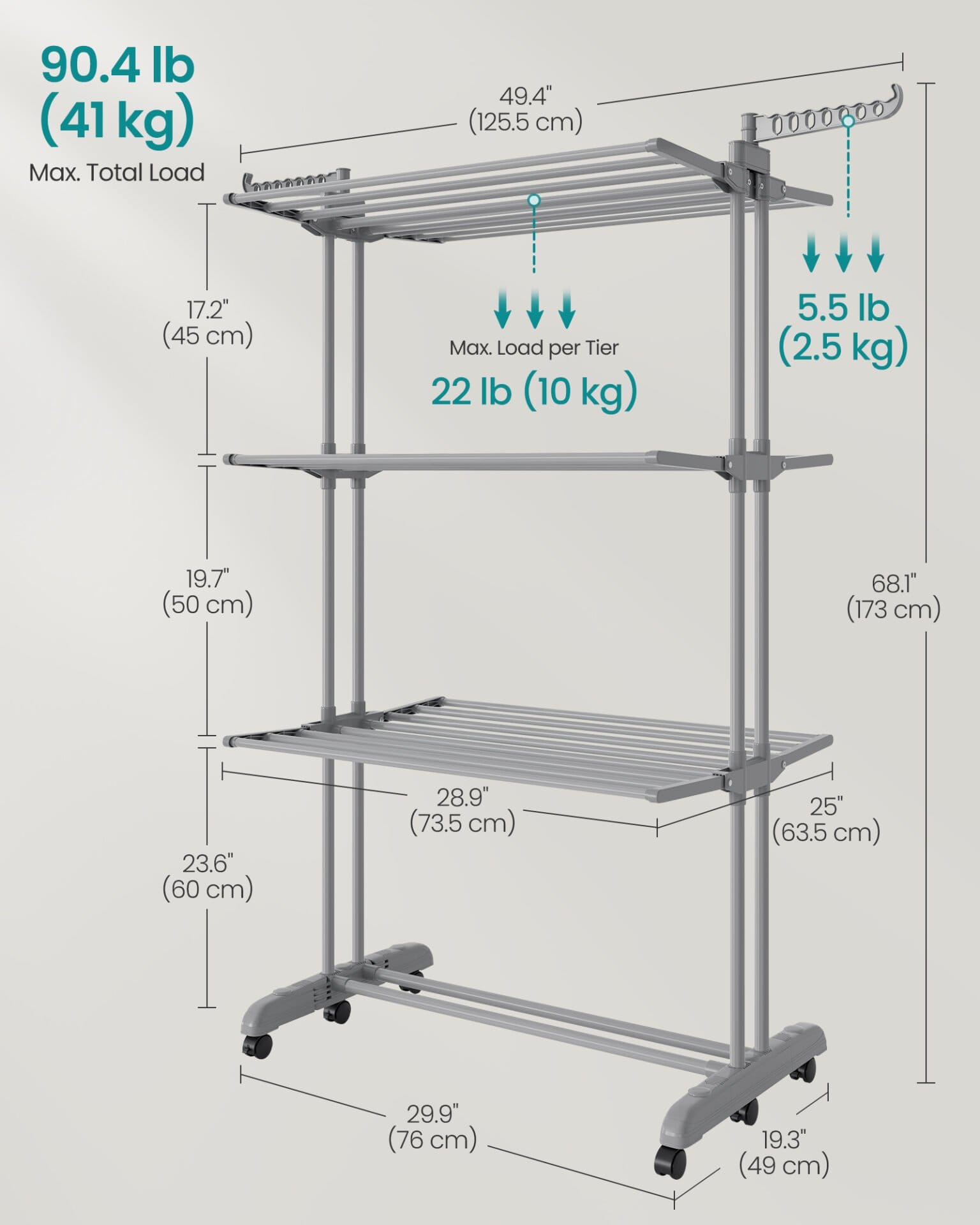 Stor tørrestativ, foldbart tørrestativ til tøj, 4-lags, 63,5 x 125,5 x 173 cm, duegrå 7 Stor tørrestativ, foldbart tørrestativ til tøj, 4-lags, 63,5 x 125,5 x 173 cm, duegrå - Billede 7