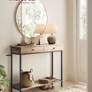 VASAGLE LNT015W01 Console Table, Hallway Table, Side Table, Sofa Table with 2 Drawers, Steel Frame, Hallway, Living Room, Industrial Design, Camel Brown Ink Black