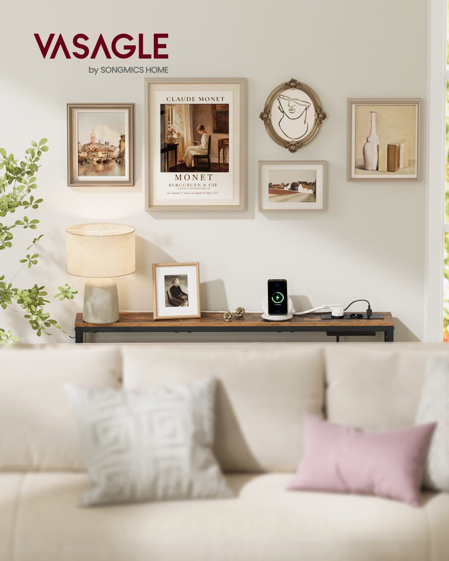 VASAGLE Console Table with Charging Station, Slim Sofa Table, Hallway Table, 15 x 100 x 80 cm, with Hooks, Easy Assembly, for Hallway, Living Room, Vintage Brown/Ink Black LNT079K02 1 VASAGLE Console Table with Charging Station, Slim Sofa Table, Hallway Table, 15 x 100 x 80 cm, with Hooks, Easy Assembly, for Hallway, Living Room, Vintage Brown/Ink Black LNT079K02