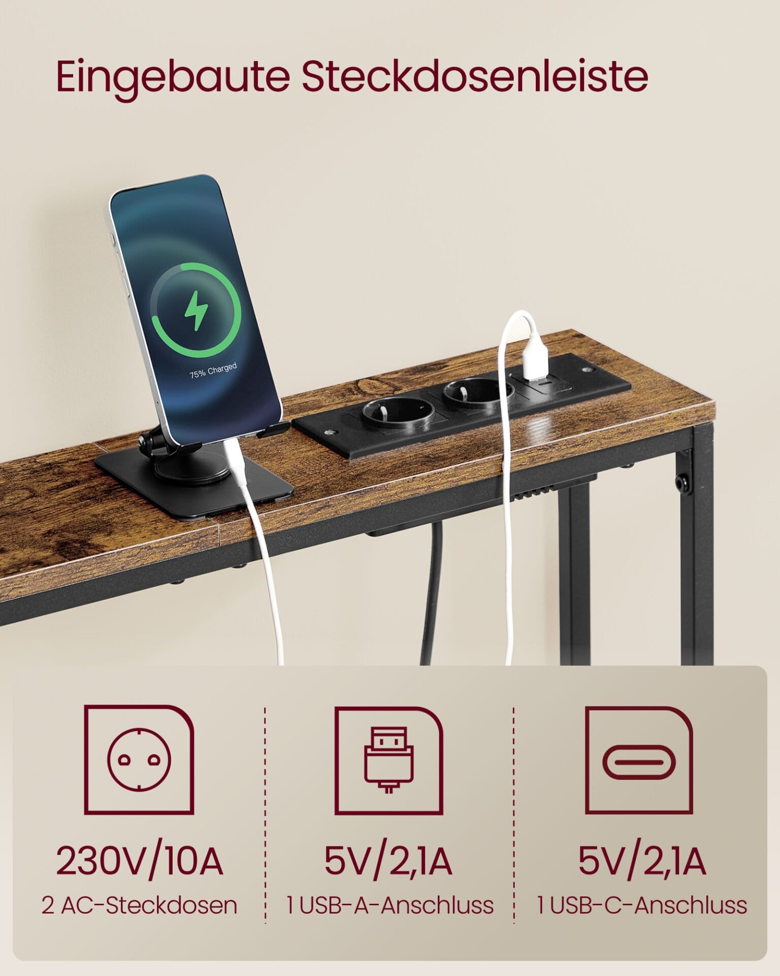 VASAGLE Console Table with Charging Station, Slim Sofa Table, Hallway Table, 15 x 100 x 80 cm, with Hooks, Easy Assembly, for Hallway, Living Room, Vintage Brown/Ink Black LNT079K02 2 VASAGLE Console Table with Charging Station, Slim Sofa Table, Hallway Table, 15 x 100 x 80 cm, with Hooks, Easy Assembly, for Hallway, Living Room, Vintage Brown/Ink Black LNT079K02 - Billede 2