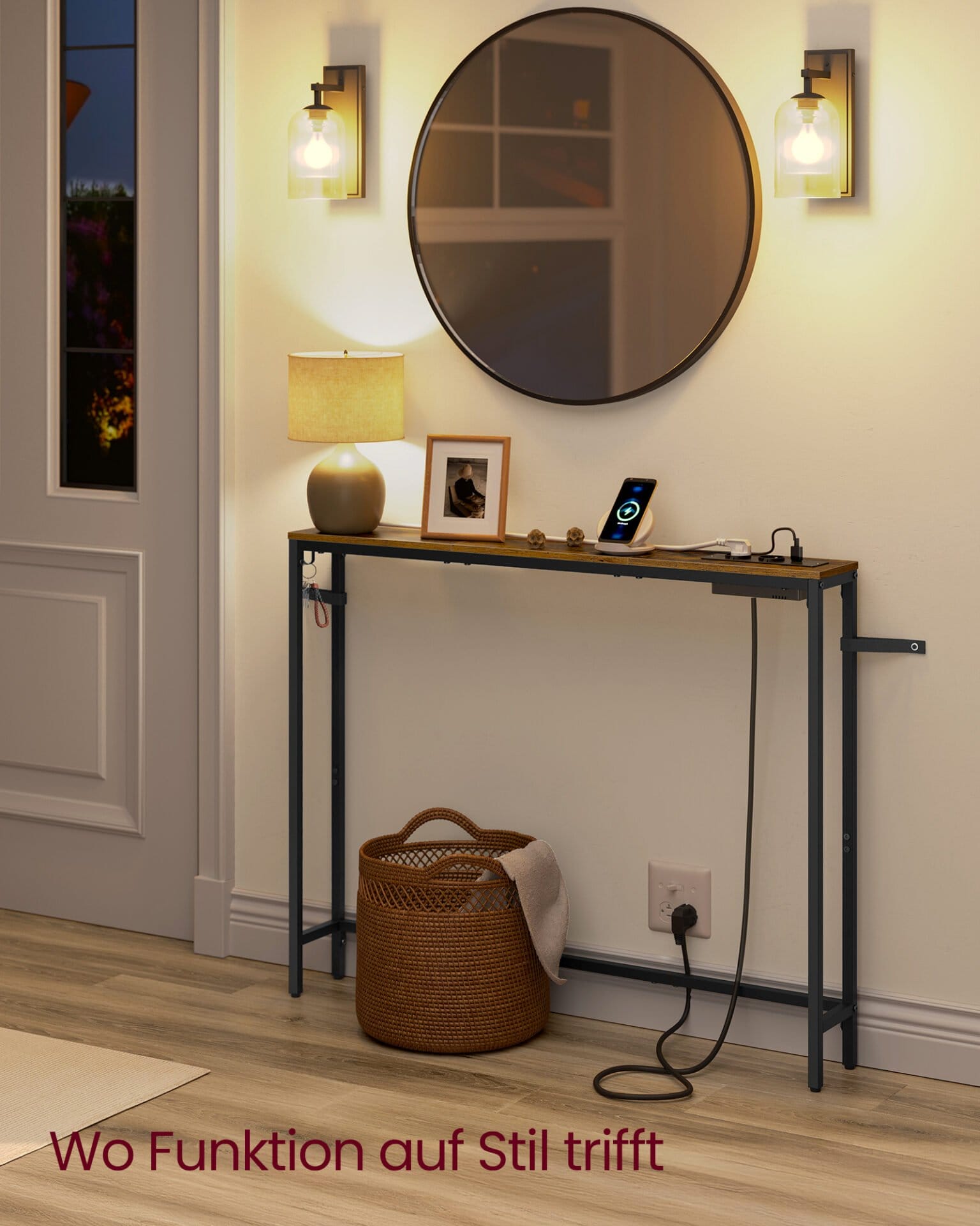 VASAGLE Console Table with Charging Station, Slim Sofa Table, Hallway Table, 15 x 100 x 80 cm, with Hooks, Easy Assembly, for Hallway, Living Room, Vintage Brown/Ink Black LNT079K02 3 VASAGLE Console Table with Charging Station, Slim Sofa Table, Hallway Table, 15 x 100 x 80 cm, with Hooks, Easy Assembly, for Hallway, Living Room, Vintage Brown/Ink Black LNT079K02 - Billede 3