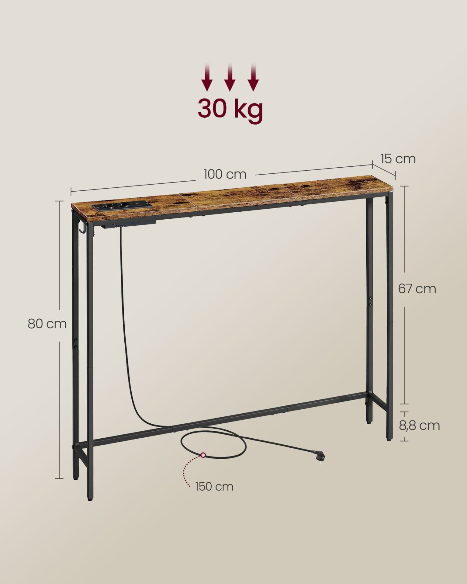 VASAGLE Console Table with Charging Station, Slim Sofa Table, Hallway Table, 15 x 100 x 80 cm, with Hooks, Easy Assembly, for Hallway, Living Room, Vintage Brown/Ink Black LNT079K02 4 VASAGLE Console Table with Charging Station, Slim Sofa Table, Hallway Table, 15 x 100 x 80 cm, with Hooks, Easy Assembly, for Hallway, Living Room, Vintage Brown/Ink Black LNT079K02 - Billede 4
