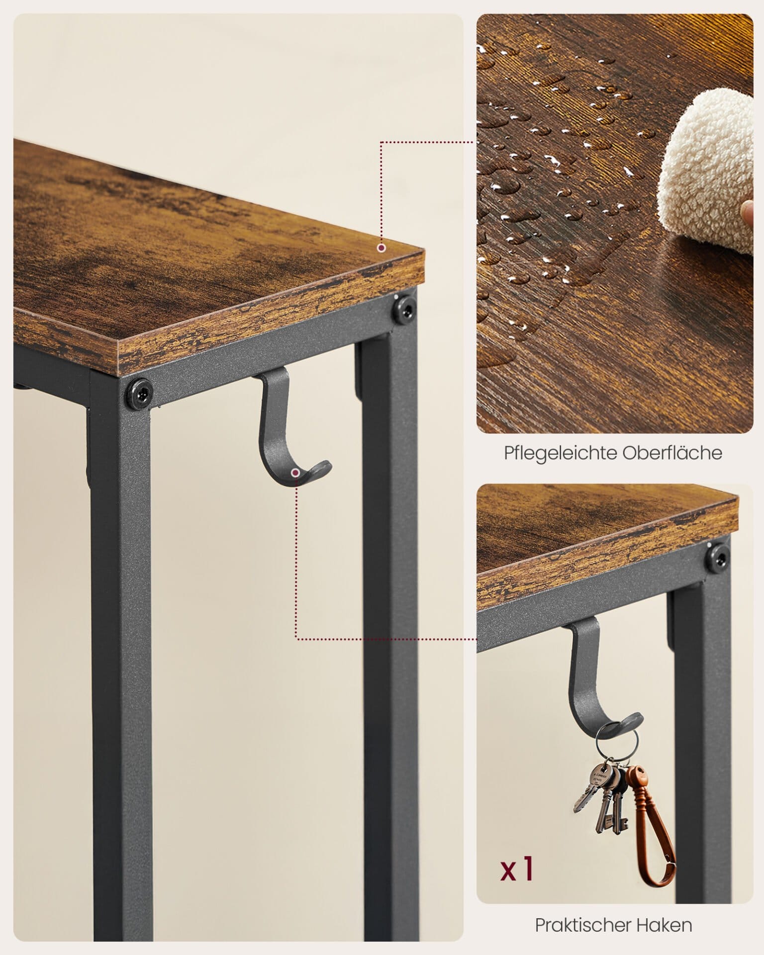 VASAGLE Console Table with Charging Station, Slim Sofa Table, Hallway Table, 15 x 100 x 80 cm, with Hooks, Easy Assembly, for Hallway, Living Room, Vintage Brown/Ink Black LNT079K02 5 VASAGLE Console Table with Charging Station, Slim Sofa Table, Hallway Table, 15 x 100 x 80 cm, with Hooks, Easy Assembly, for Hallway, Living Room, Vintage Brown/Ink Black LNT079K02 - Billede 5