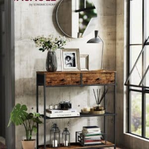 VASAGLE Narrow Console Table with 2 Fabric Drawers, 3-Tier Entryway Sofa Table, 24 x 76 x 80 cm, for Hallway, Living Room, Rustic Brown and Ink Black LNT092K01