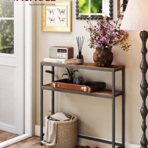 VASAGLE Console Table, 2-Tier Slim Sofa Table, 20 x 80 x 80 cm, Hallway Table with 2 Shelves, for Living Room, Entryway, Rustic Brown and Ink Black LNT130K01V1