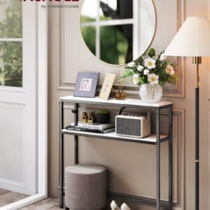 VASAGLE Console Table Narrow Sofa Table with 2 Shelves, 20 x 80 x 80 cm, Hallway Table, 2 Levels, for Hallway, Living Room, Bedroom, Marble White/Ink Black LNT130W59