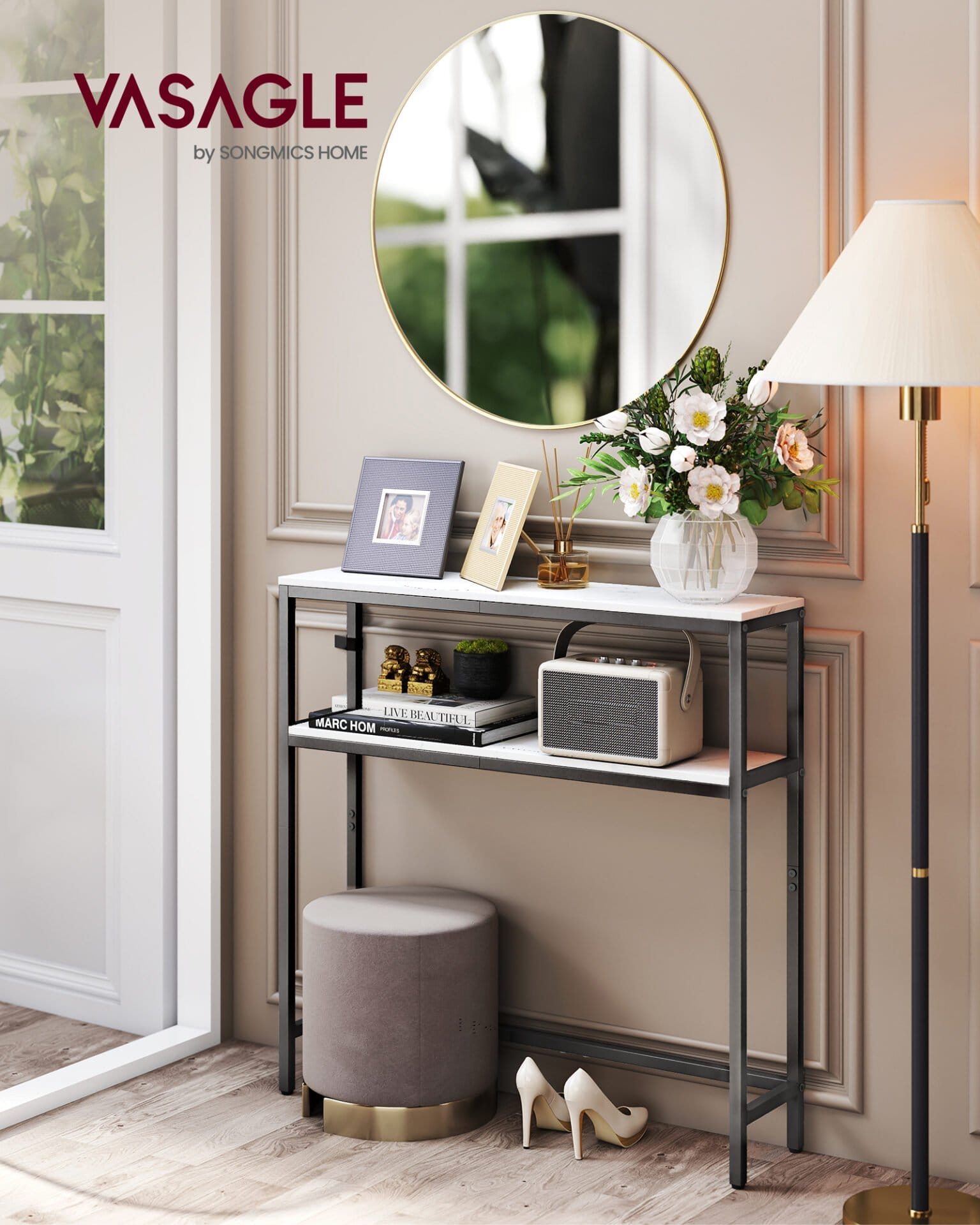 VASAGLE Console Table Narrow Sofa Table with 2 Shelves, 20 x 80 x 80 cm, Hallway Table, 2 Levels, for Hallway, Living Room, Bedroom, Marble White/Ink Black LNT130W59 1 VASAGLE Console Table Narrow Sofa Table with 2 Shelves, 20 x 80 x 80 cm, Hallway Table, 2 Levels, for Hallway, Living Room, Bedroom, Marble White/Ink Black LNT130W59