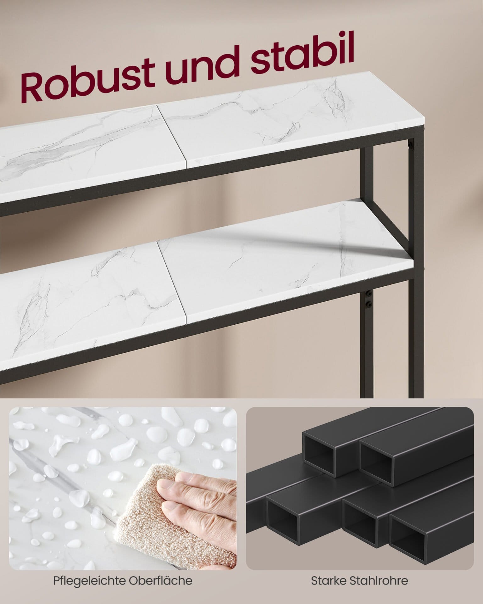 VASAGLE Console Table Narrow Sofa Table with 2 Shelves, 20 x 80 x 80 cm, Hallway Table, 2 Levels, for Hallway, Living Room, Bedroom, Marble White/Ink Black LNT130W59 2 VASAGLE Console Table Narrow Sofa Table with 2 Shelves, 20 x 80 x 80 cm, Hallway Table, 2 Levels, for Hallway, Living Room, Bedroom, Marble White/Ink Black LNT130W59 - Billede 2
