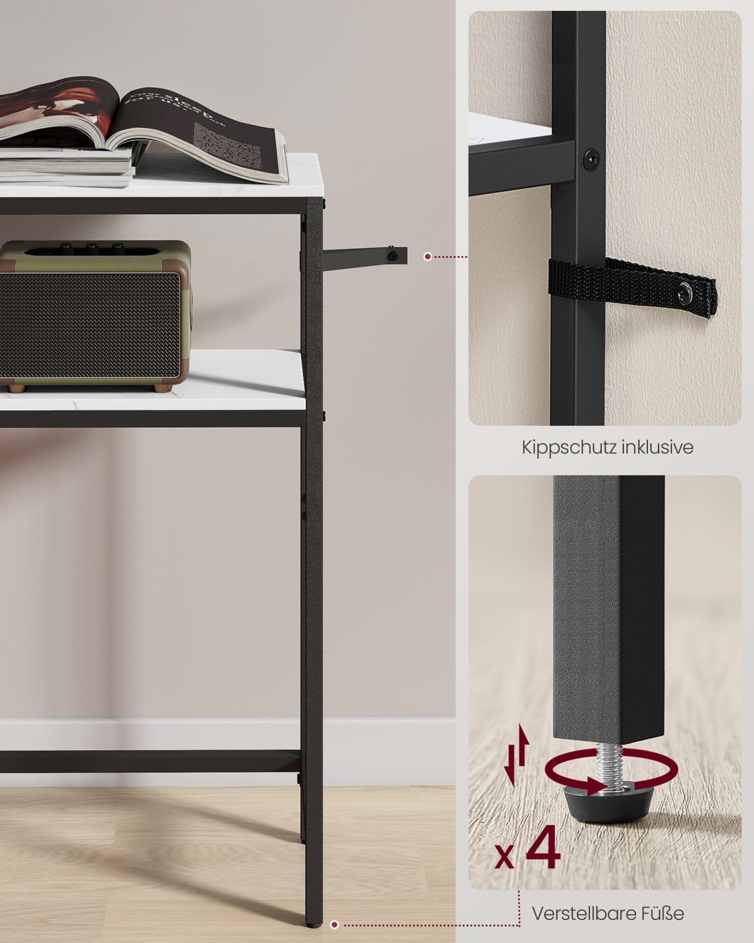 VASAGLE Console Table Narrow Sofa Table with 2 Shelves, 20 x 80 x 80 cm, Hallway Table, 2 Levels, for Hallway, Living Room, Bedroom, Marble White/Ink Black LNT130W59 3 VASAGLE Console Table Narrow Sofa Table with 2 Shelves, 20 x 80 x 80 cm, Hallway Table, 2 Levels, for Hallway, Living Room, Bedroom, Marble White/Ink Black LNT130W59 - Billede 3