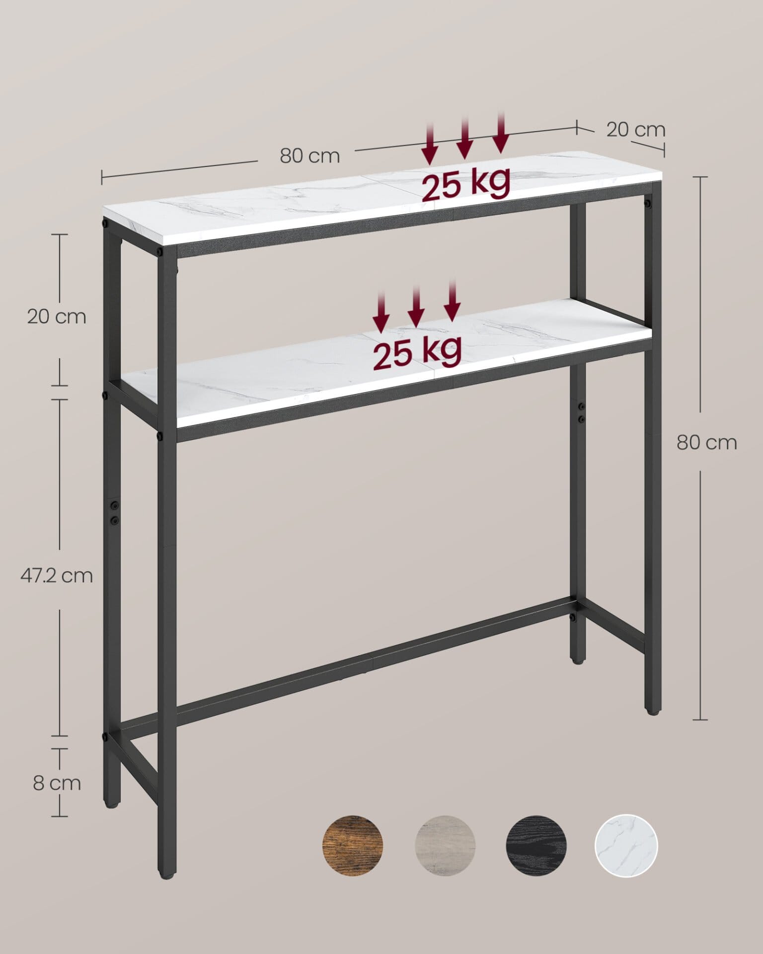 VASAGLE Console Table Narrow Sofa Table with 2 Shelves, 20 x 80 x 80 cm, Hallway Table, 2 Levels, for Hallway, Living Room, Bedroom, Marble White/Ink Black LNT130W59 4 VASAGLE Console Table Narrow Sofa Table with 2 Shelves, 20 x 80 x 80 cm, Hallway Table, 2 Levels, for Hallway, Living Room, Bedroom, Marble White/Ink Black LNT130W59 - Billede 4
