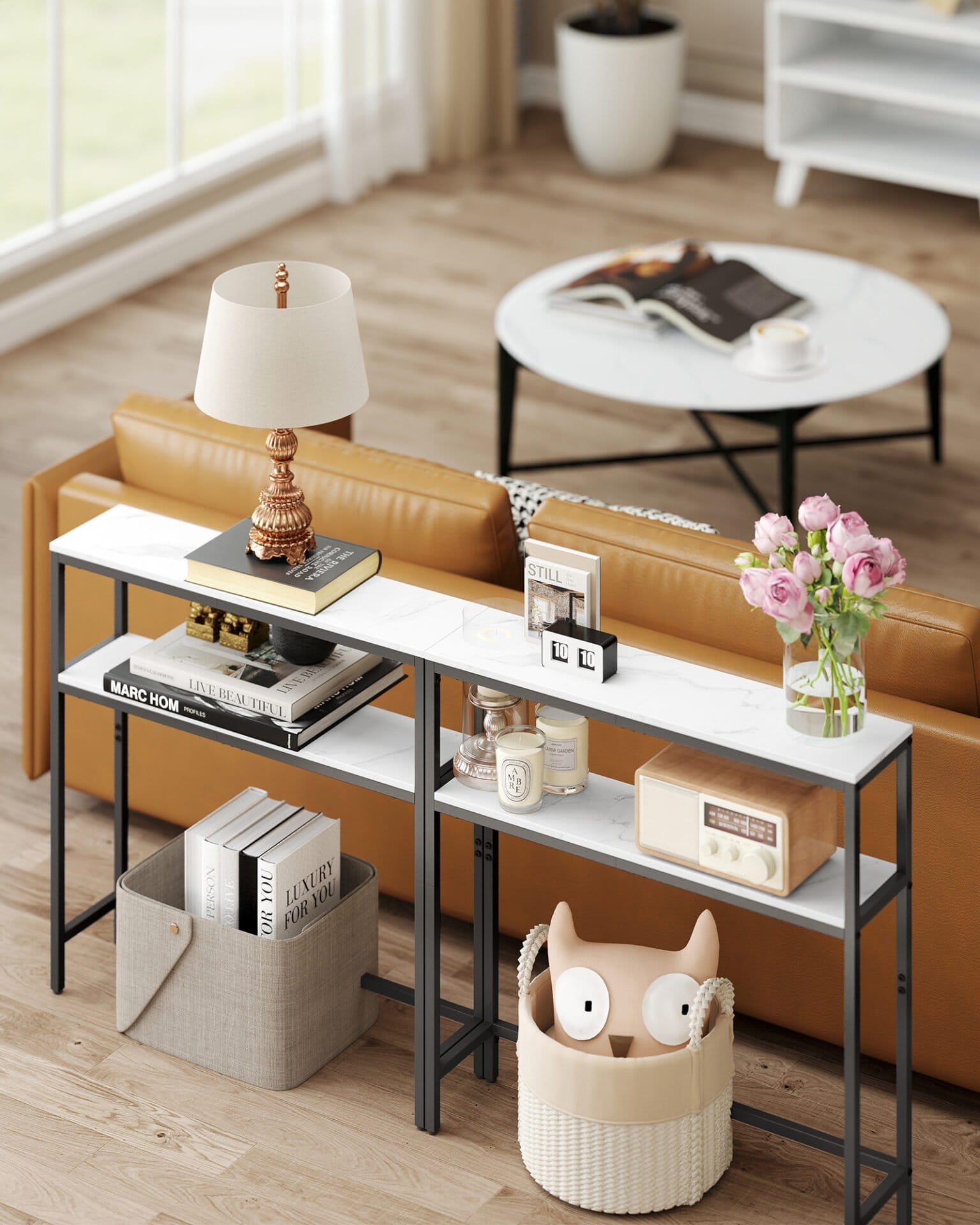 VASAGLE Console Table Narrow Sofa Table with 2 Shelves, 20 x 80 x 80 cm, Hallway Table, 2 Levels, for Hallway, Living Room, Bedroom, Marble White/Ink Black LNT130W59 5 VASAGLE Console Table Narrow Sofa Table with 2 Shelves, 20 x 80 x 80 cm, Hallway Table, 2 Levels, for Hallway, Living Room, Bedroom, Marble White/Ink Black LNT130W59 - Billede 5